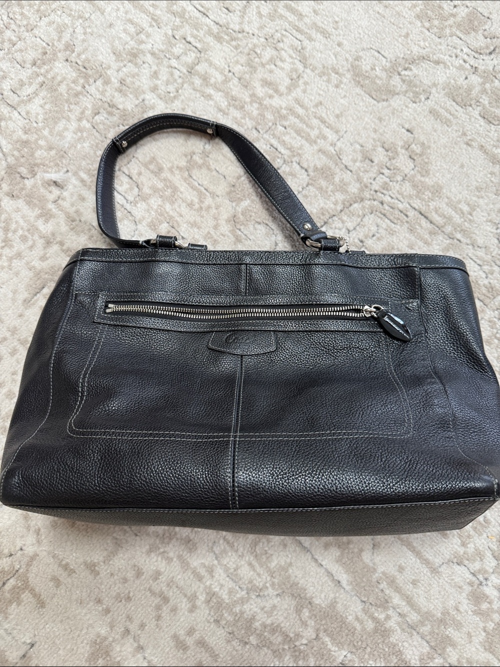 Coach Black Pebbled Leather Tote with Front Zip